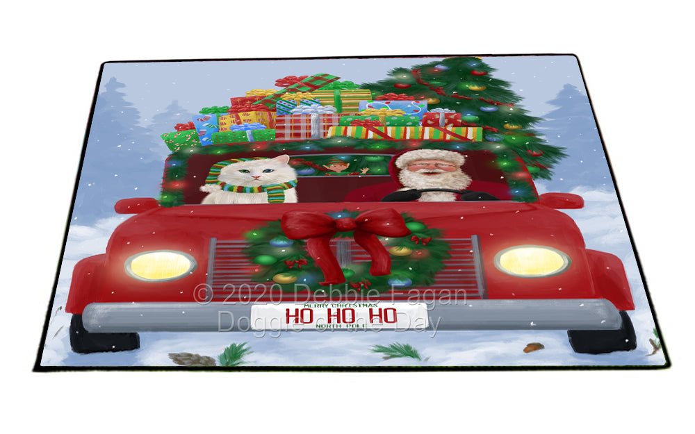 Christmas Honk Honk Red Truck Here Comes with Santa and Turkish Angora Cat Indoor/Outdoor Welcome Floormat - Premium Quality Washable Anti-Slip Doormat Rug FLMS57010