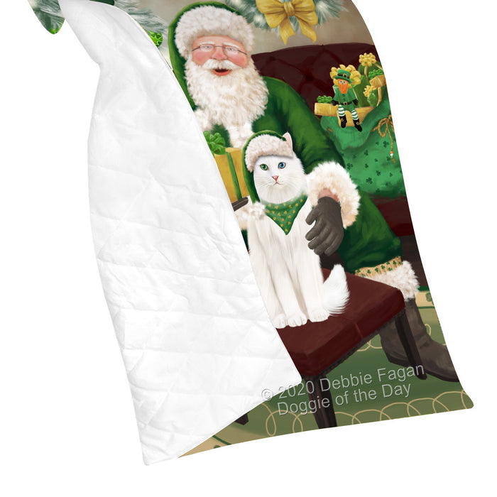 Christmas Irish Santa with Gift and Turkish Angora Cat Quilt Bed Coverlet Bedspread - Pets Comforter Unique One-side Animal Printing - Soft Lightweight Durable Washable Polyester Quilt