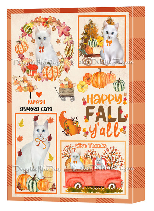 Happy Fall Y'all Pumpkin Turkish Angora Cats Canvas Wall Art - Premium Quality Ready to Hang Room Decor Wall Art Canvas - Unique Animal Printed Digital Painting for Decoration