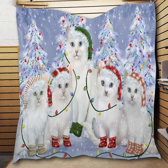 Christmas Lights and Turkish Angora Cats  Quilt Bed Coverlet Bedspread - Pets Comforter Unique One-side Animal Printing - Soft Lightweight Durable Washable Polyester Quilt