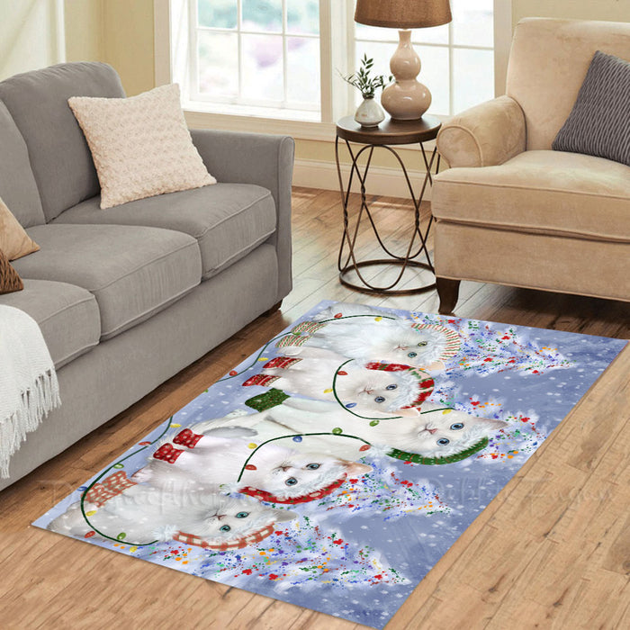 Christmas Lights and Turkish Angora Cats Area Rug - Ultra Soft Cute Pet Printed Unique Style Floor Living Room Carpet Decorative Rug for Indoor Gift for Pet Lovers