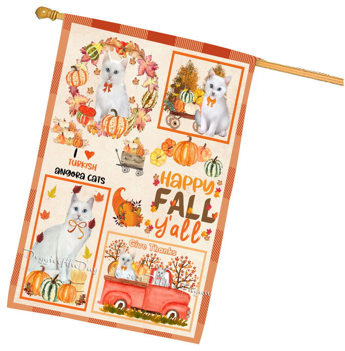 Happy Fall Y'all Pumpkin Turkish Angora Cats House Flag Outdoor Decorative Double Sided Pet Portrait Weather Resistant Premium Quality Animal Printed Home Decorative Flags 100% Polyester