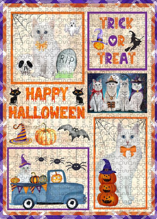 Happy Halloween Trick or Treat Turkish Angora Cats Portrait Jigsaw Puzzle for Adults Animal Interlocking Puzzle Game Unique Gift for Dog Lover's with Metal Tin Box