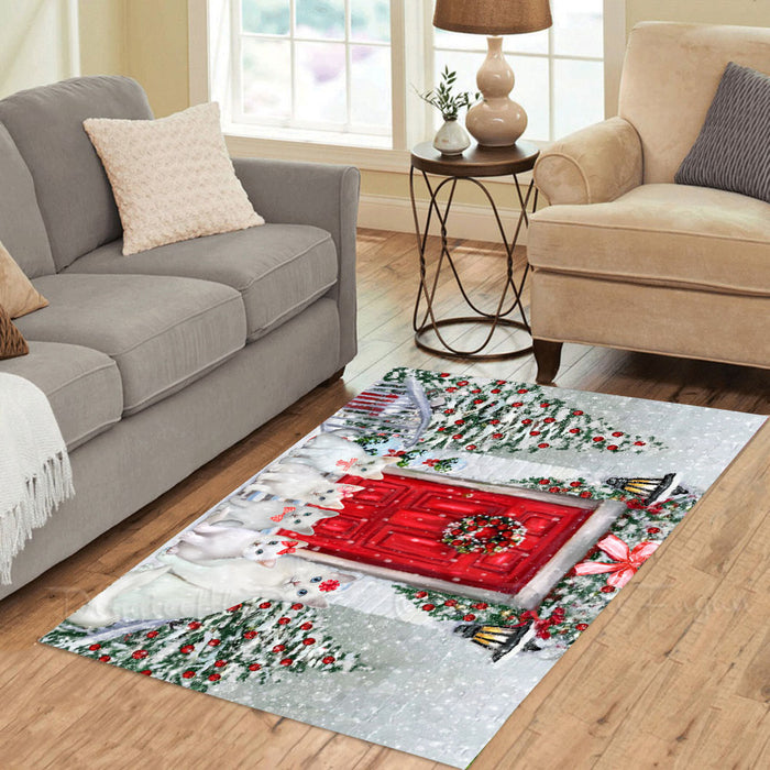 Christmas Holiday Welcome Turkish Angora Cats Area Rug - Ultra Soft Cute Pet Printed Unique Style Floor Living Room Carpet Decorative Rug for Indoor Gift for Pet Lovers