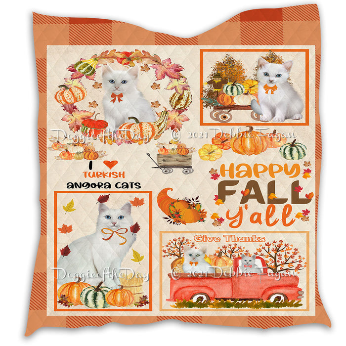 Happy Fall Y'all Pumpkin Turkish Angora Cats Quilt Bed Coverlet Bedspread - Pets Comforter Unique One-side Animal Printing - Soft Lightweight Durable Washable Polyester Quilt