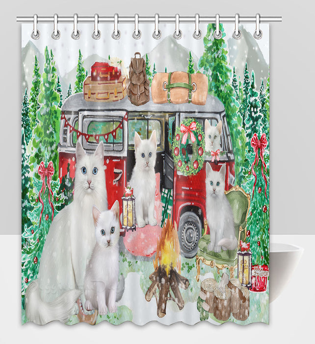 Christmas Time Camping with Turkish Angora Cats Shower Curtain Pet Painting Bathtub Curtain Waterproof Polyester One-Side Printing Decor Bath Tub Curtain for Bathroom with Hooks