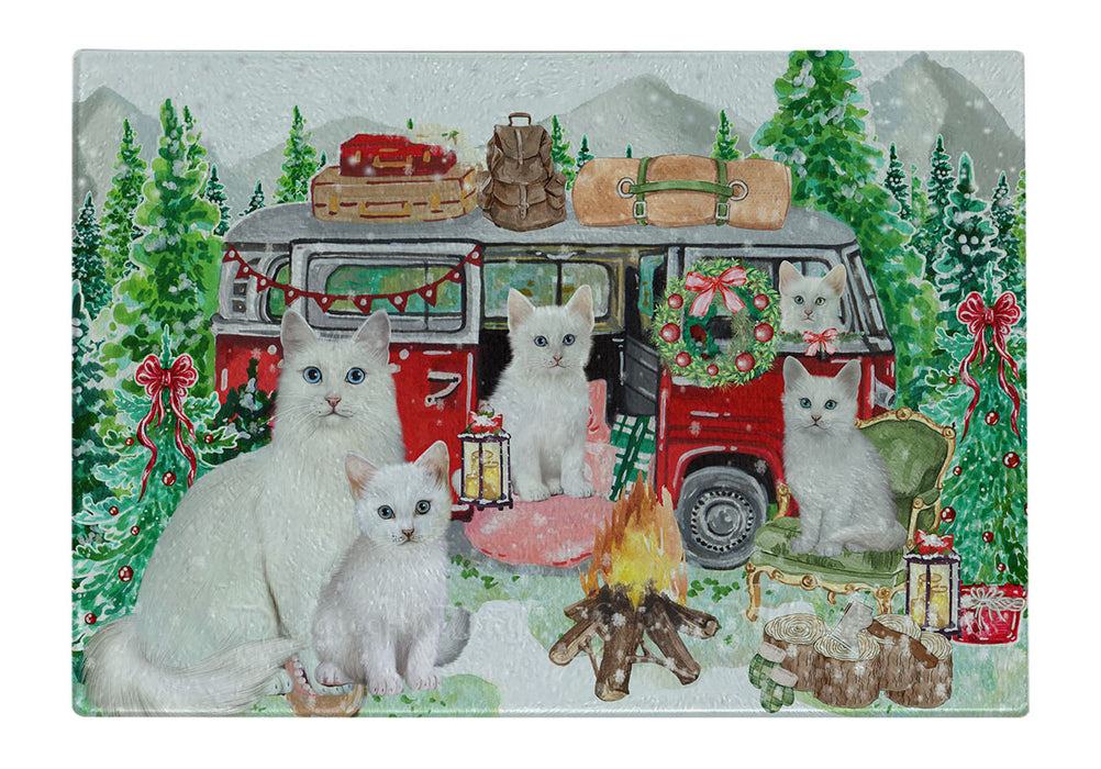 Christmas Time Camping with Turkish Angora Cats Cutting Board - For Kitchen - Scratch & Stain Resistant - Designed To Stay In Place - Easy To Clean By Hand - Perfect for Chopping Meats, Vegetables