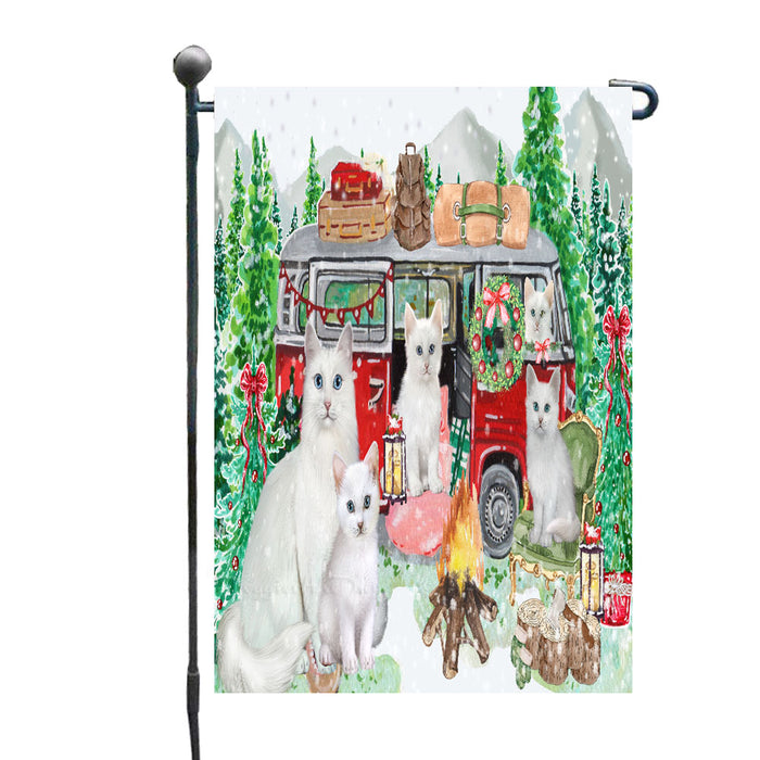Christmas Time Camping with Turkish Angora Cats Garden Flags- Outdoor Double Sided Garden Yard Porch Lawn Spring Decorative Vertical Home Flags 12 1/2"w x 18"h