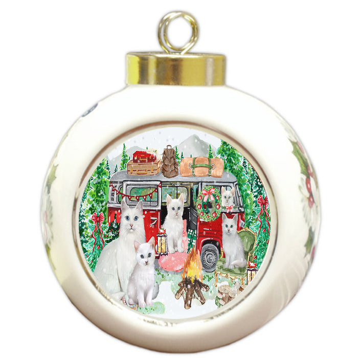 Christmas Time Camping with Turkish Angora Cats Round Ball Christmas Ornament Pet Decorative Hanging Ornaments for Christmas X-mas Tree Decorations - 3" Round Ceramic Ornament