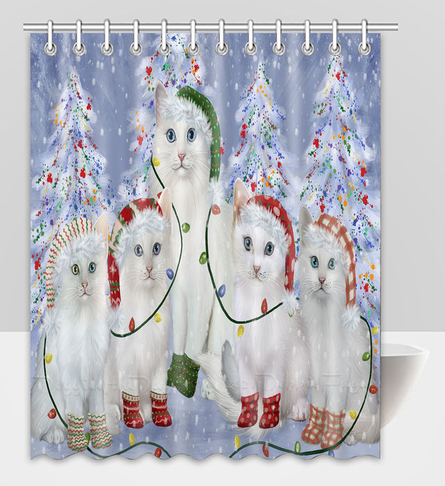 Christmas Lights and Turkish Angora Cats Shower Curtain Pet Painting Bathtub Curtain Waterproof Polyester One-Side Printing Decor Bath Tub Curtain for Bathroom with Hooks
