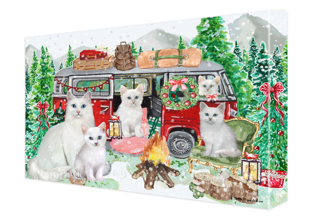 Christmas Time Camping with Turkish Angora Cats Canvas Wall Art - Premium Quality Ready to Hang Room Decor Wall Art Canvas - Unique Animal Printed Digital Painting for Decoration