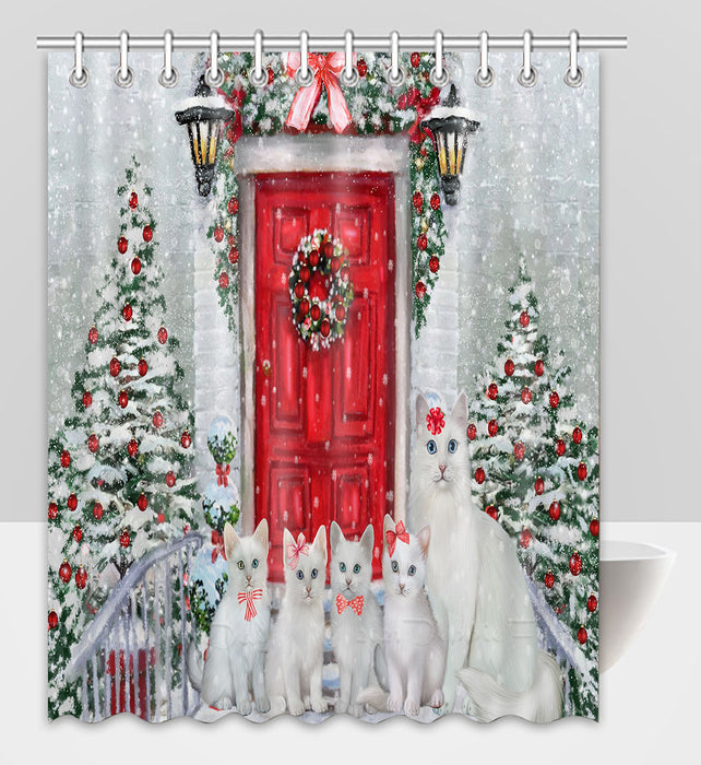 Christmas Holiday Welcome Turkish Angora Cats Shower Curtain Pet Painting Bathtub Curtain Waterproof Polyester One-Side Printing Decor Bath Tub Curtain for Bathroom with Hooks