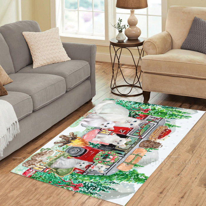 Christmas Time Camping with Turkish Angora Cats Area Rug - Ultra Soft Cute Pet Printed Unique Style Floor Living Room Carpet Decorative Rug for Indoor Gift for Pet Lovers