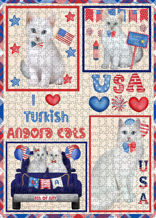 4th of July Independence Day I Love USA Turkish Angora Cats Portrait Jigsaw Puzzle for Adults Animal Interlocking Puzzle Game Unique Gift for Dog Lover's with Metal Tin Box