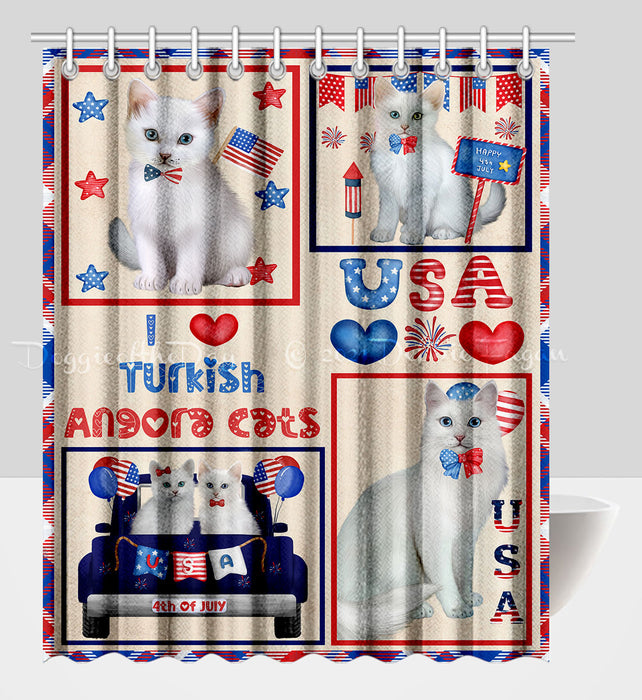 4th of July Independence Day I Love USA Turkish Angora Cats Shower Curtain Pet Painting Bathtub Curtain Waterproof Polyester One-Side Printing Decor Bath Tub Curtain for Bathroom with Hooks