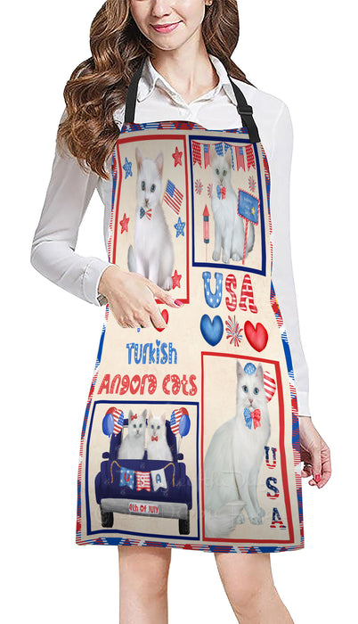 4th of July Independence Day I Love USA Turkish Angora Cats Apron - Adjustable Long Neck Bib for Adults - Waterproof Polyester Fabric With 2 Pockets - Chef Apron for Cooking, Dish Washing, Gardening, and Pet Grooming