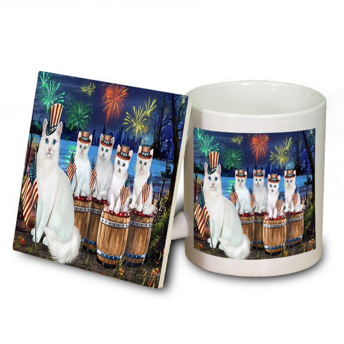4th of July Independence Day Firework Turkish Angora Cats Mug and Coaster Set MUC54112