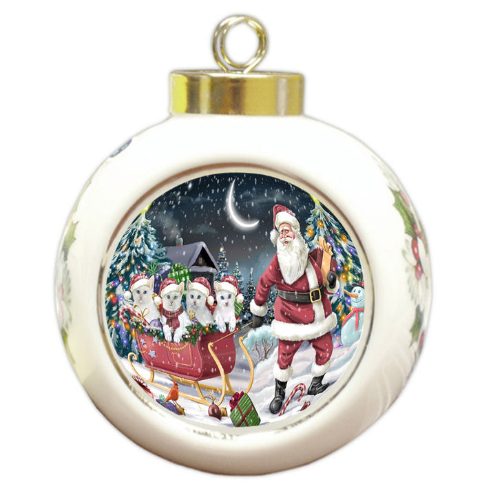Santa Sled Christmas Happy Holidays Turkish Angora Cats Round Ball Christmas Ornament RBPOR54383