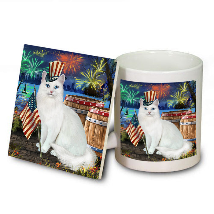 4th of July Independence Day Firework Turkish Angora Cat Mug and Coaster Set MUC54088