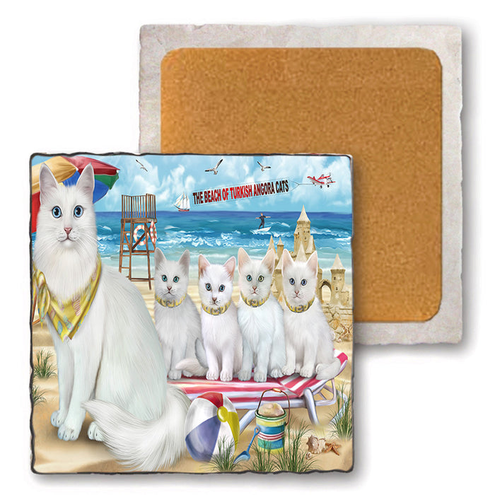 Pet Friendly Beach Turkish Angora Cats Set of 4 Natural Stone Marble Tile Coasters MCST49203