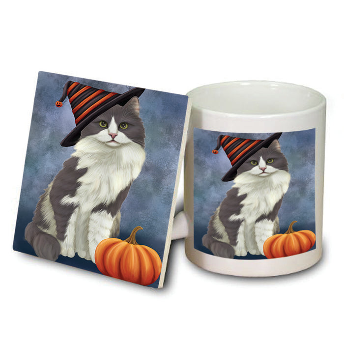 Happy Halloween Turkish Angora Cat Wearing Witch Hat with Pumpkin Mug and Coaster Set MUC54821