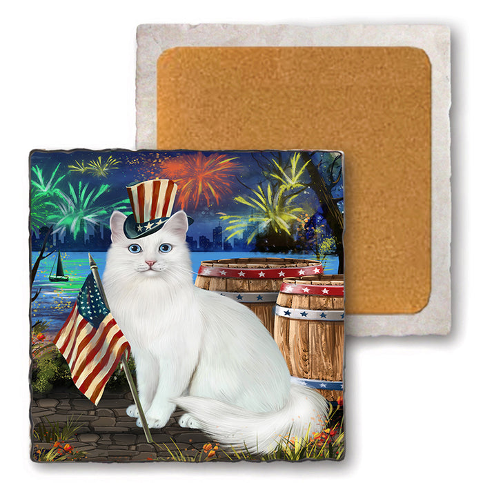 4th of July Independence Day Firework Turkish Angora Cat Set of 4 Natural Stone Marble Tile Coasters MCST49096
