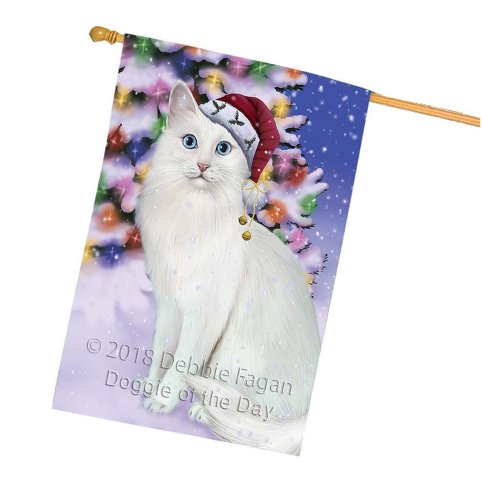 Winterland Wonderland Turkish Angora Cat In Christmas Holiday Scenic Background House Flag FLG56174