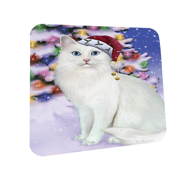 Winterland Wonderland Turkish Angora Cat In Christmas Holiday Scenic Background Coasters Set of 4 CST55703
