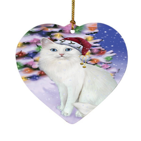 Winterland Wonderland Turkish Angora Cat In Christmas Holiday Scenic Background Heart Christmas Ornament HPOR56101