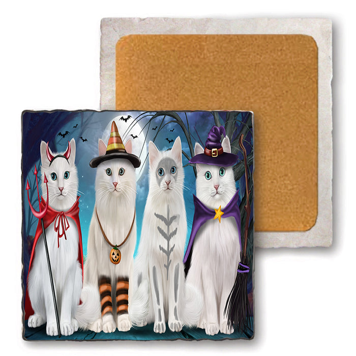 Happy Halloween Trick or Treat Turkish Angora Cats Set of 4 Natural Stone Marble Tile Coasters MCST49489