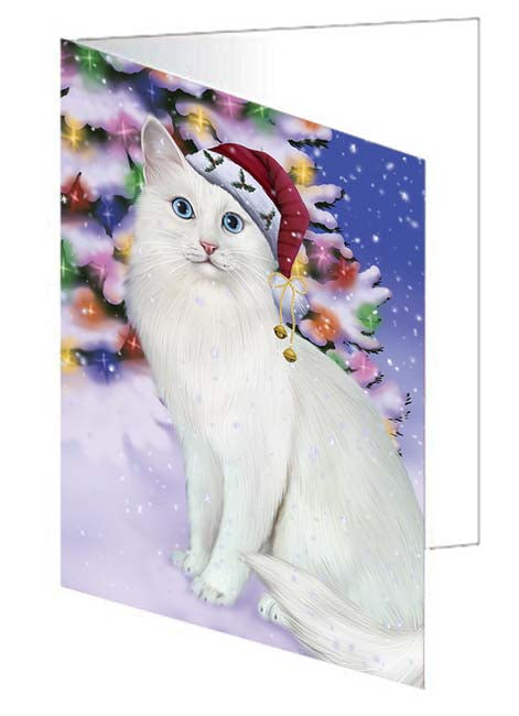 Winterland Wonderland Turkish Angora Cat In Christmas Holiday Scenic Background Handmade Artwork Assorted Pets Greeting Cards and Note Cards with Envelopes for All Occasions and Holiday Seasons GCD71750