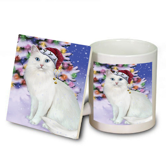 Winterland Wonderland Turkish Angora Cat In Christmas Holiday Scenic Background Mug and Coaster Set MUC55737