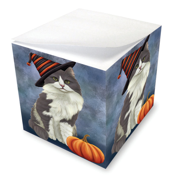 Happy Halloween Turkish Angora Cat Wearing Witch Hat with Pumpkin Note Cube NOC56475