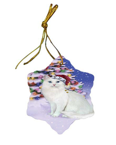 Winterland Wonderland Turkish Angora Cat In Christmas Holiday Scenic Background Star Porcelain Ornament SPOR56101