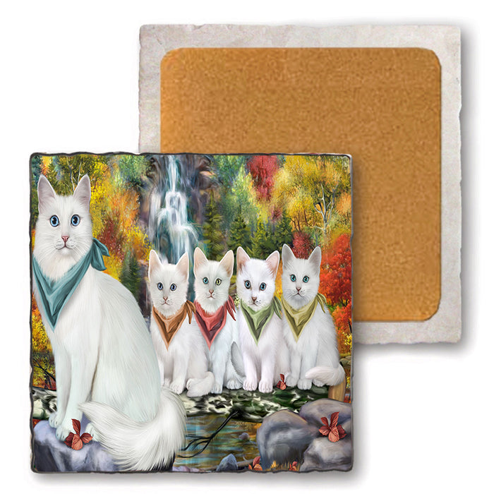 Scenic Waterfall Turkish Angora Cats Set of 4 Natural Stone Marble Tile Coasters MCST49700