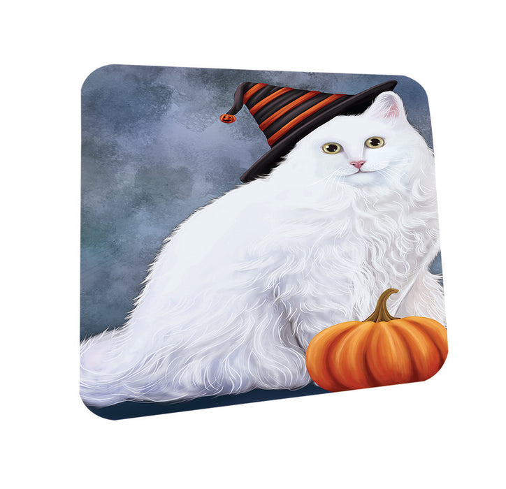 Happy Halloween Turkish Angora Cat Wearing Witch Hat with Pumpkin Coasters Set of 4 CST54788