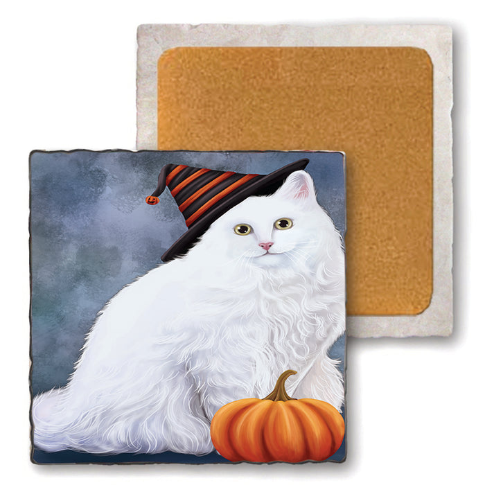 Happy Halloween Turkish Angora Cat Wearing Witch Hat with Pumpkin Set of 4 Natural Stone Marble Tile Coasters MCST49830
