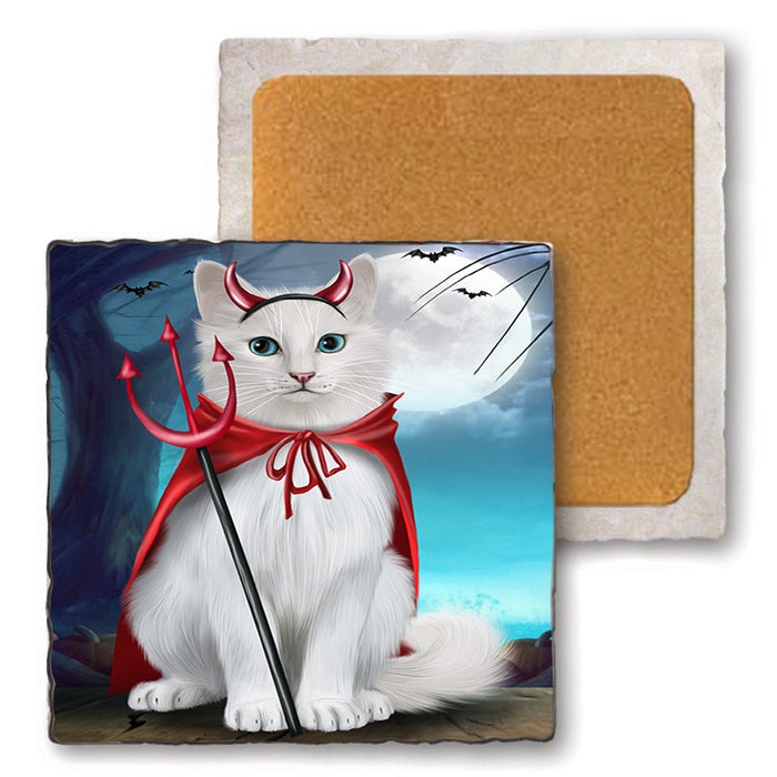 Happy Halloween Trick or Treat Turkish Angora Cat Set of 4 Natural Stone Marble Tile Coasters MCST49540