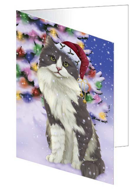Winterland Wonderland Turkish Angora Cat In Christmas Holiday Scenic Background Handmade Artwork Assorted Pets Greeting Cards and Note Cards with Envelopes for All Occasions and Holiday Seasons GCD71753