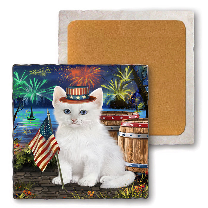 4th of July Independence Day Firework Turkish Angora Cat Set of 4 Natural Stone Marble Tile Coasters MCST49097