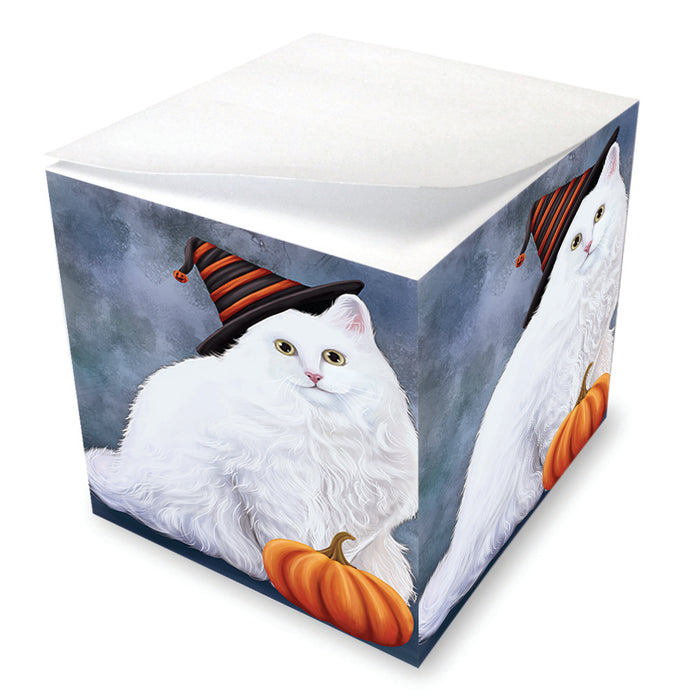 Happy Halloween Turkish Angora Cat Wearing Witch Hat with Pumpkin Note Cube NOC56476