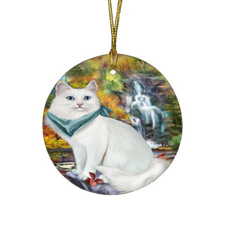 Scenic Waterfall Turkish Angora Cat Round Flat Christmas Ornament RFPOR54820
