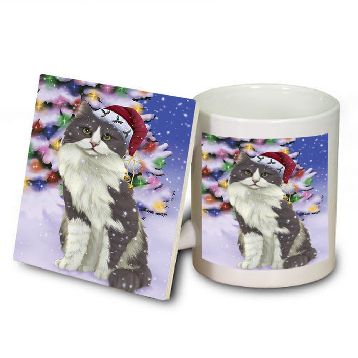 Winterland Wonderland Turkish Angora Cat In Christmas Holiday Scenic Background Mug and Coaster Set MUC55738
