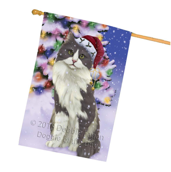 Winterland Wonderland Turkish Angora Cat In Christmas Holiday Scenic Background House Flag FLG56175