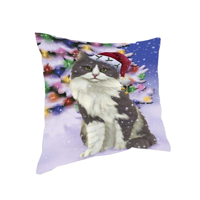 Winterland Wonderland Turkish Angora Cat In Christmas Holiday Scenic Background Pillow PIL71912