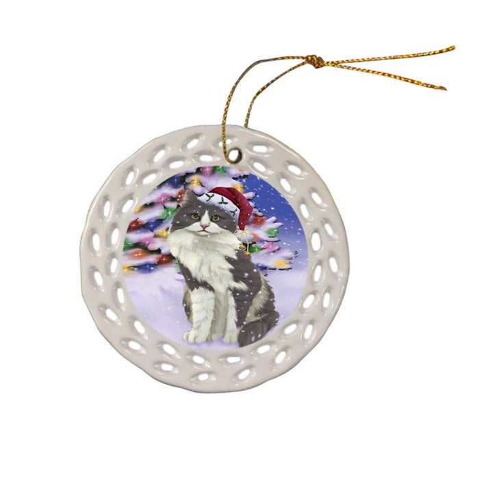 Winterland Wonderland Turkish Angora Cat In Christmas Holiday Scenic Background Ceramic Doily Ornament DPOR56102