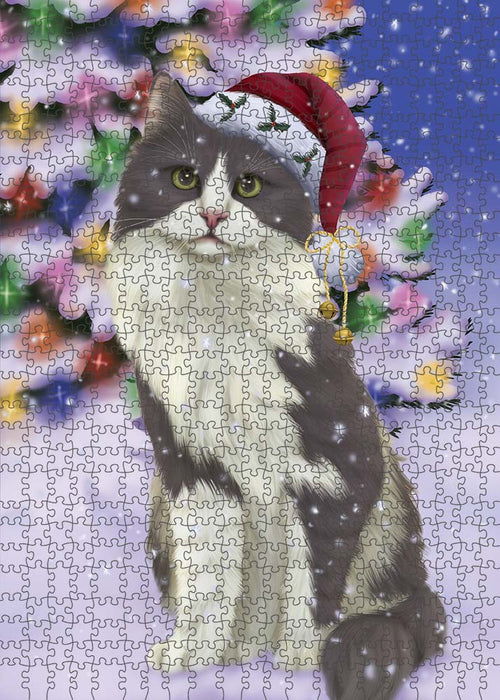 Winterland Wonderland Turkish Angora Cat In Christmas Holiday Scenic Background Puzzle with Photo Tin PUZL91188