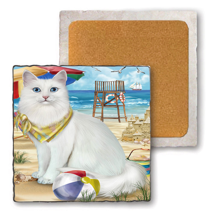 Pet Friendly Beach Turkish Angora Cat Set of 4 Natural Stone Marble Tile Coasters MCST49204