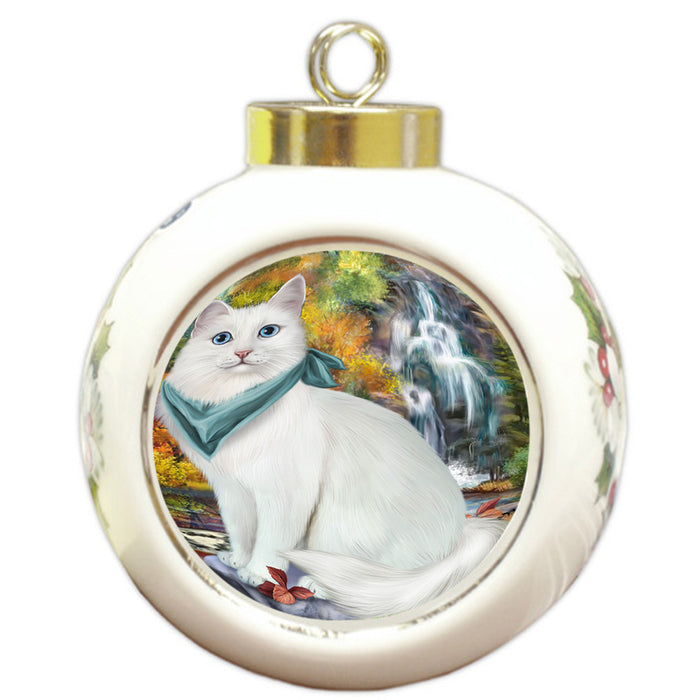 Scenic Waterfall Turkish Angora Cat Round Ball Christmas Ornament RBPOR54829