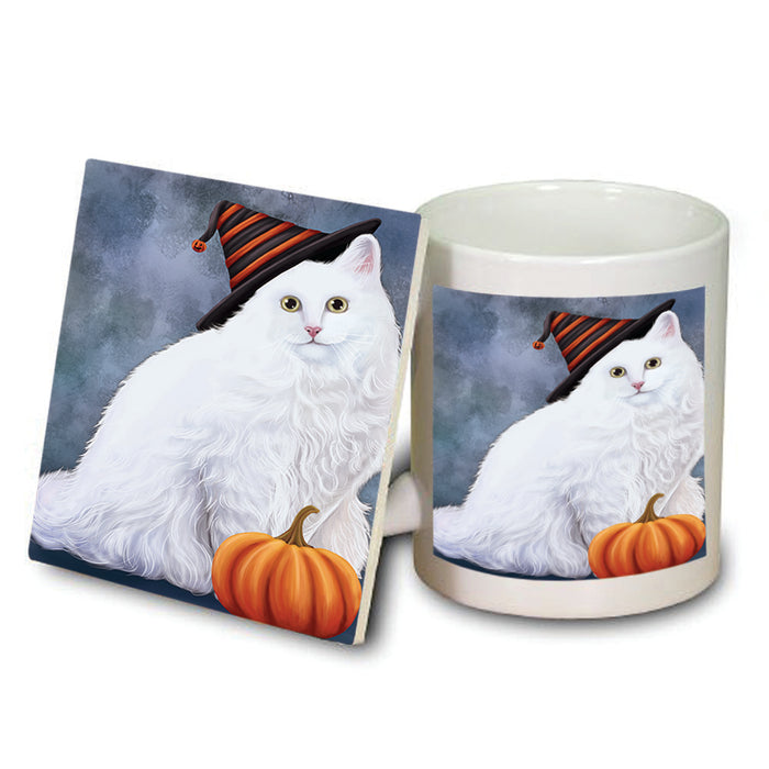 Happy Halloween Turkish Angora Cat Wearing Witch Hat with Pumpkin Mug and Coaster Set MUC54822